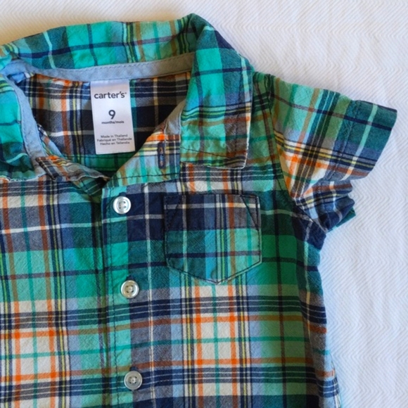 carter's plaid cotton twill button down romper with collar 9 months baby boy - Picture 4 of 6